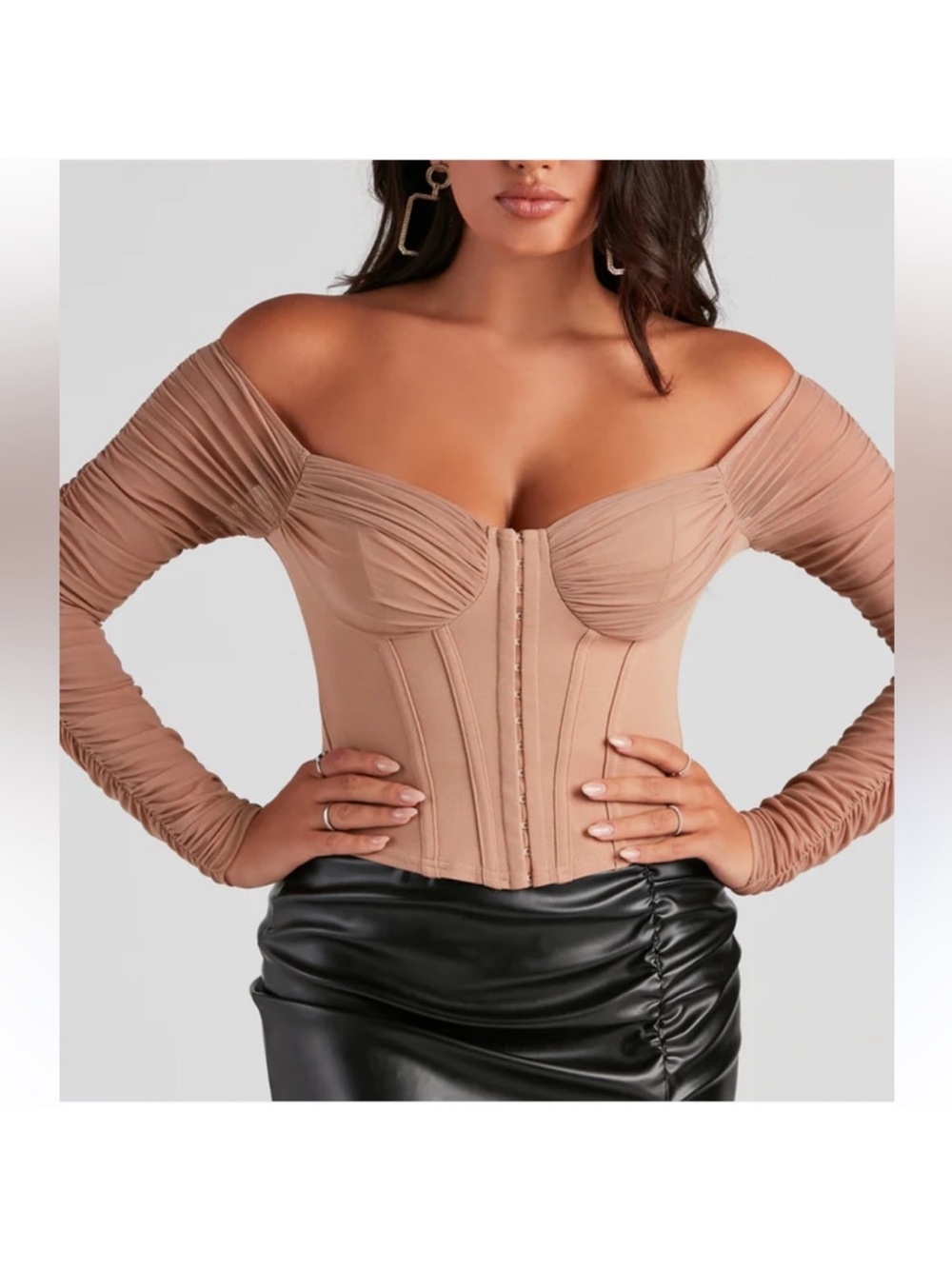 Windsor Off‑Shoulder Ruched Corset Crop Top in Nude size small